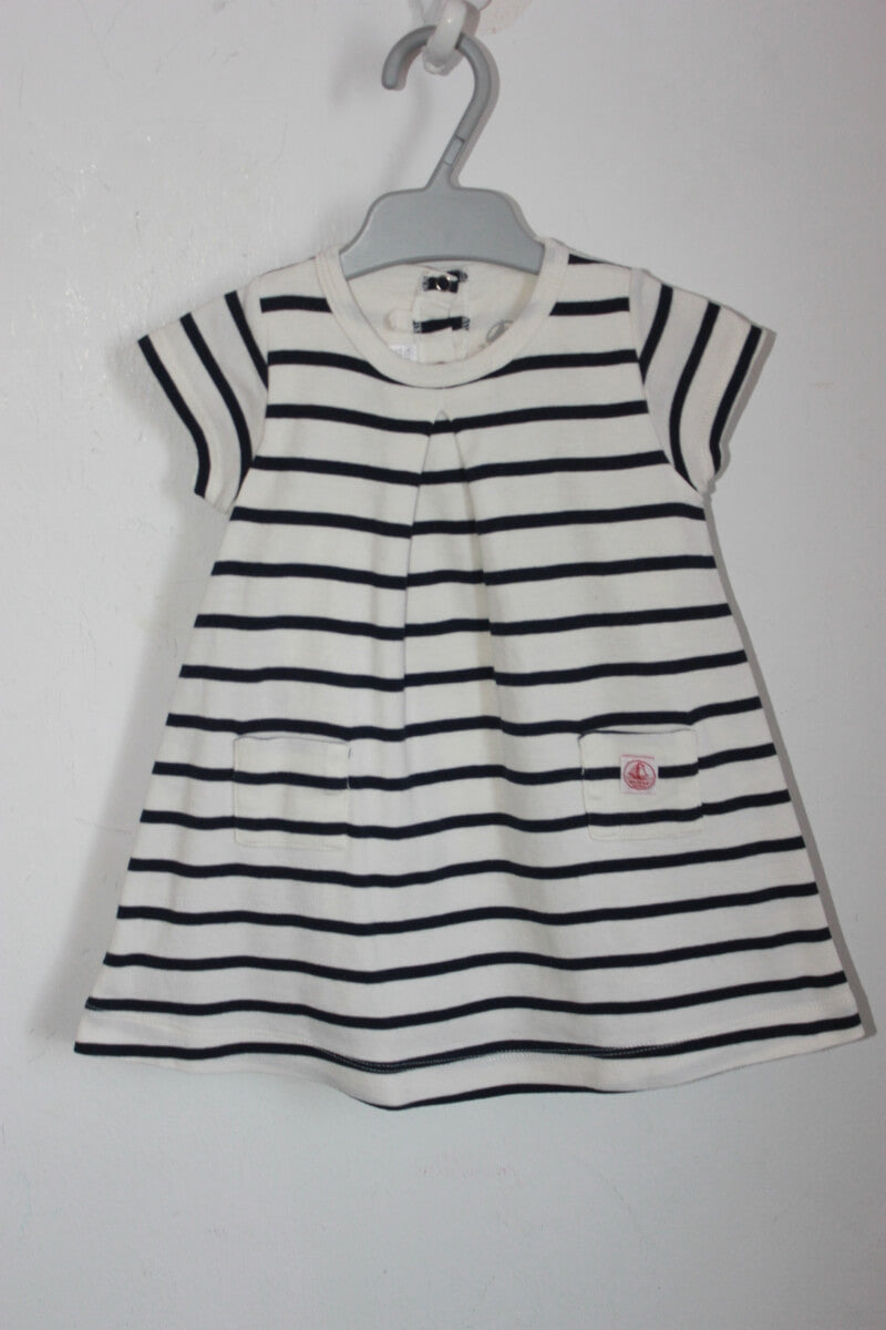 tweedehands-ecru-donkerblauw-gestreepte-jurk-korte-mouwen-maat-74-petit-bateau