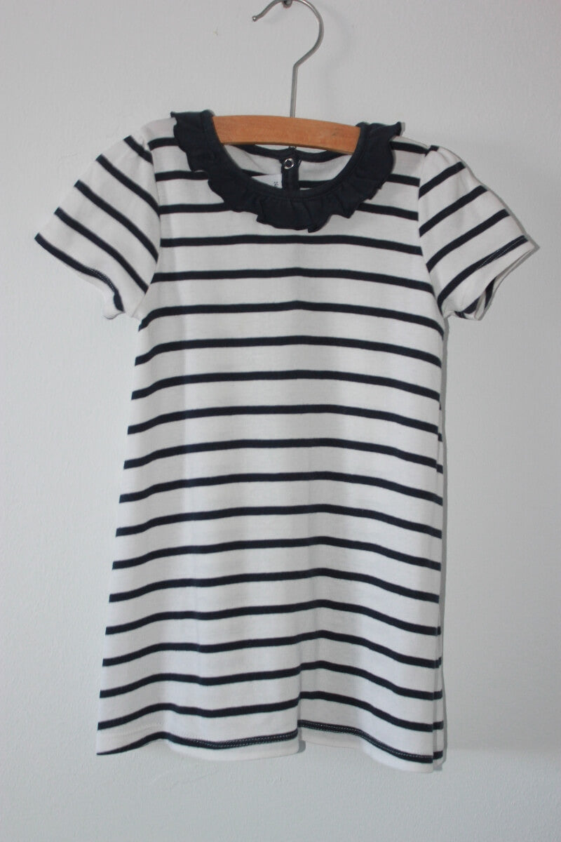 tweedehands-donkerblauw-wit-gestreepte-jurk-korte-mouwen-volant-maat-86-petit-bateau