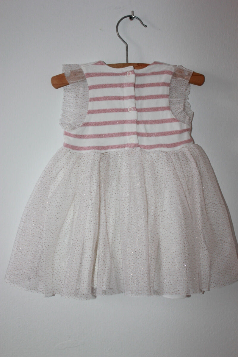 tweedehands-roze-ecru-gestreepte-jurk-gouden-stipjes-korte-mouwen-maat-68-petit-bateau