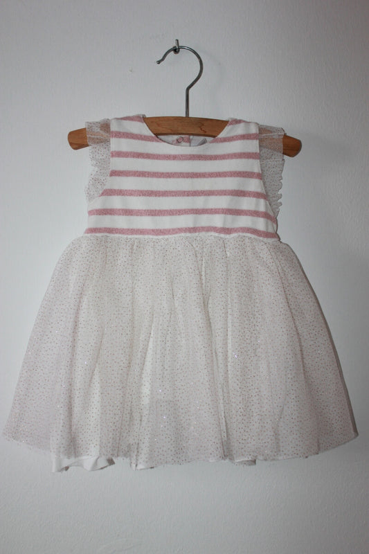 tweedehands-roze-ecru-gestreepte-jurk-gouden-stipjes-korte-mouwen-maat-68-petit-bateau