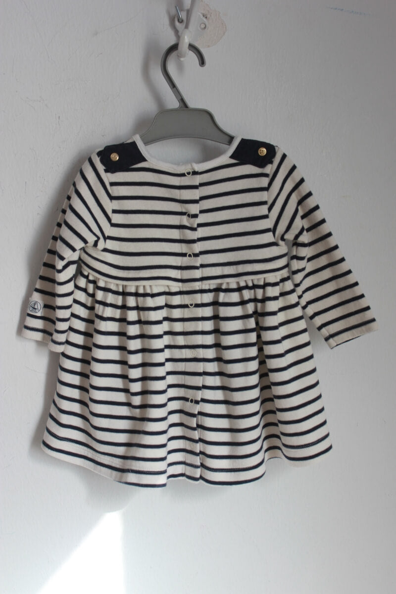 tweedehands-donkerblauw-ecru-gestreepte-jurk-lange-mouwen-maat-68-petit-bateau