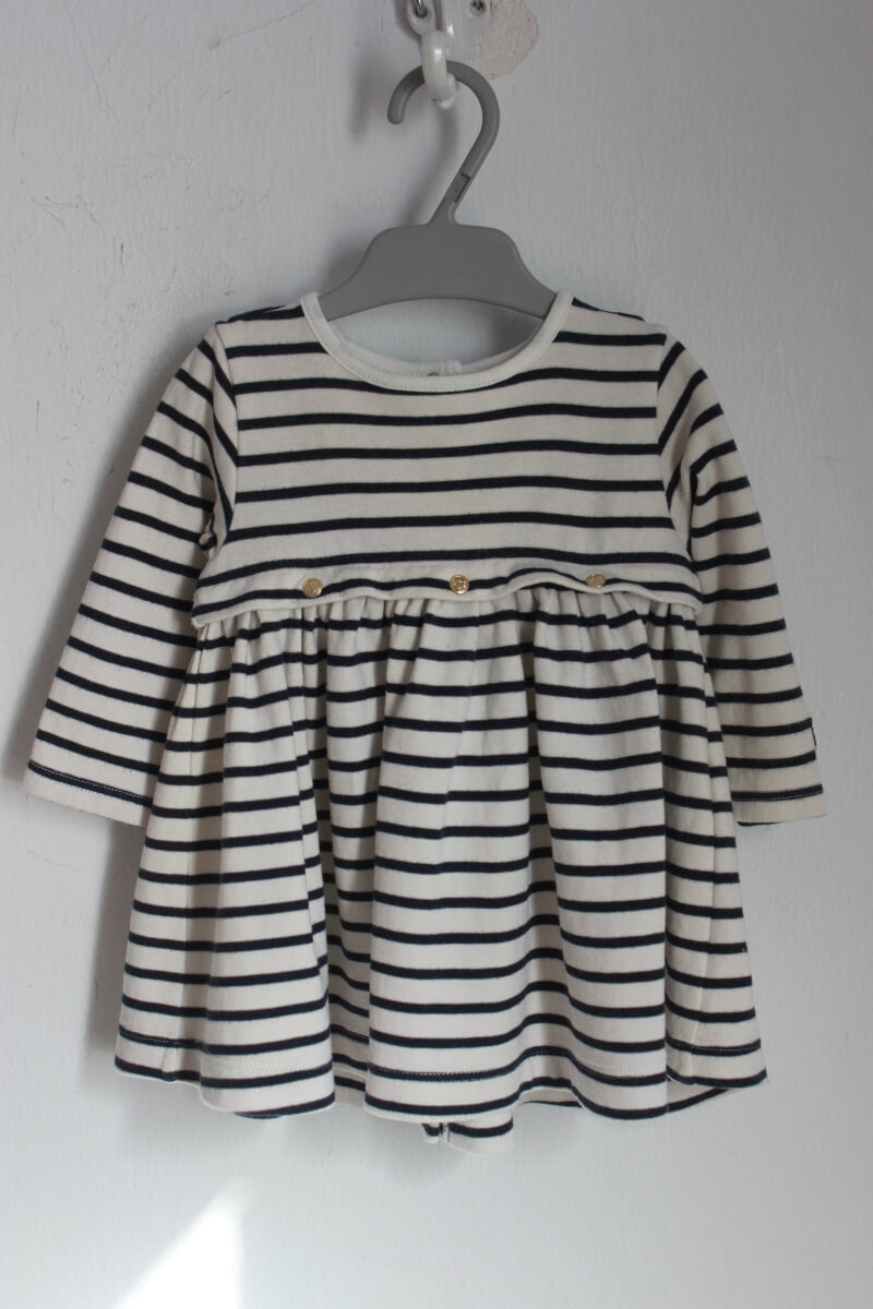 tweedehands-donkerblauw-ecru-gestreepte-jurk-lange-mouwen-maat-68-petit-bateau