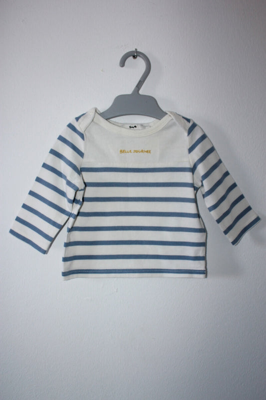 tweedehands-ecru-blauw-gestreept-t-shirt-lange-mouwen-maat-62-baby-cyrillus