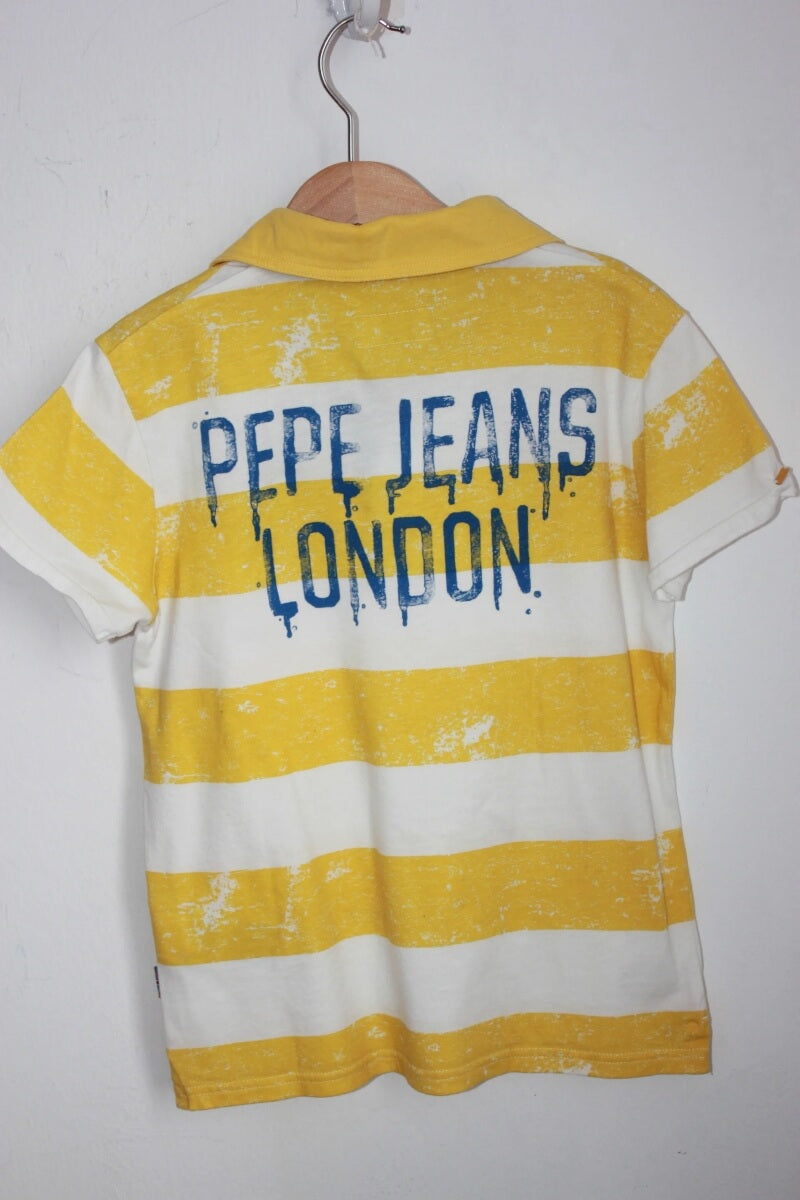 tweedehands-geel-wit-gestreept-t-shirt-korte-mouwen-maat-128-jongen-pepe-jeans