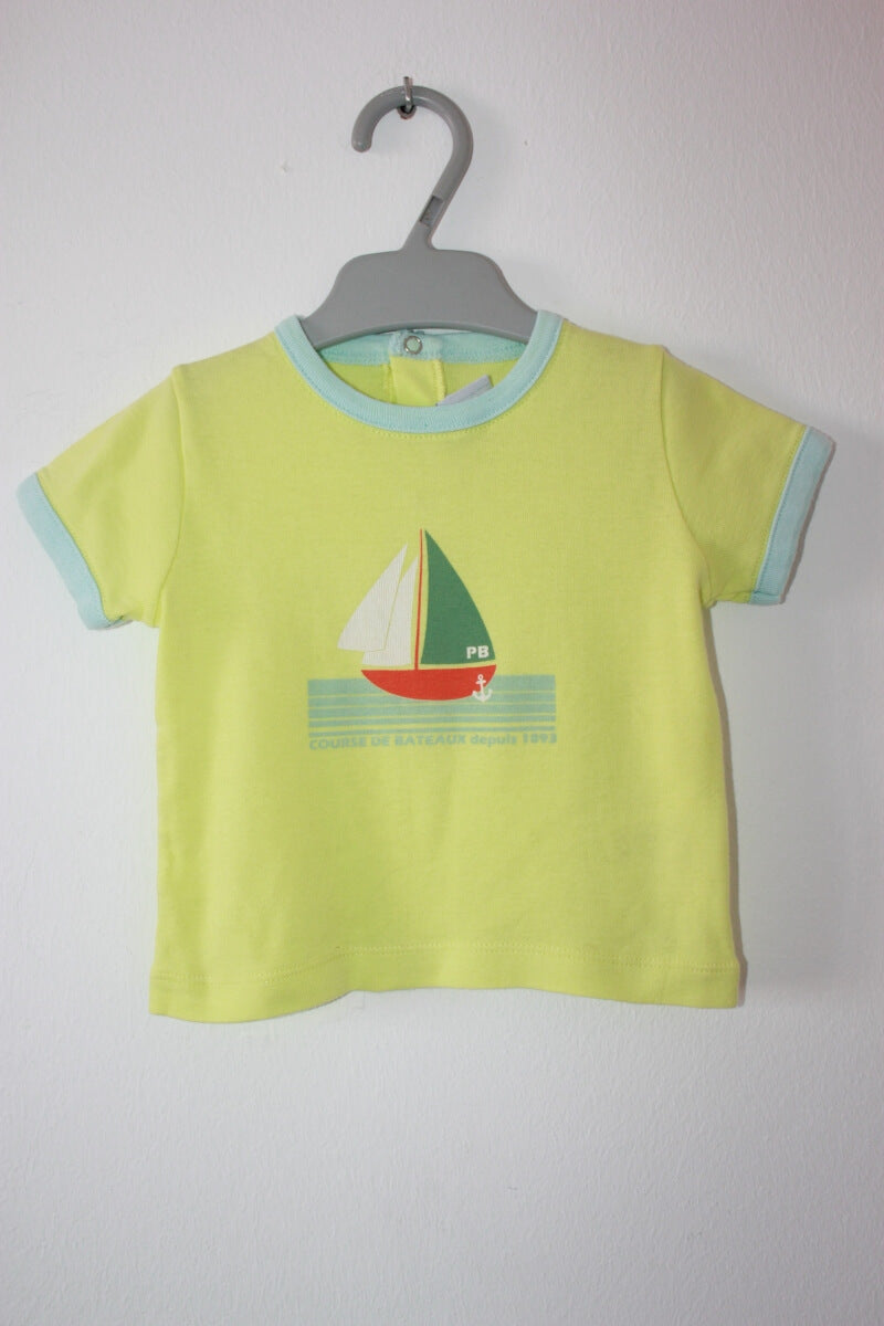 tweedehands-geel-t-shirt-korte-mouwen-zeilboot-maat-68-petit-bateau