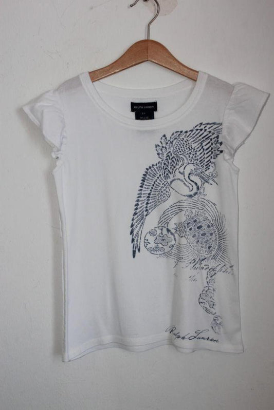 tweedehands-wit-blauw-tshirt-volants-korte-mouwen-maat-128-meisje-ralph-lauren