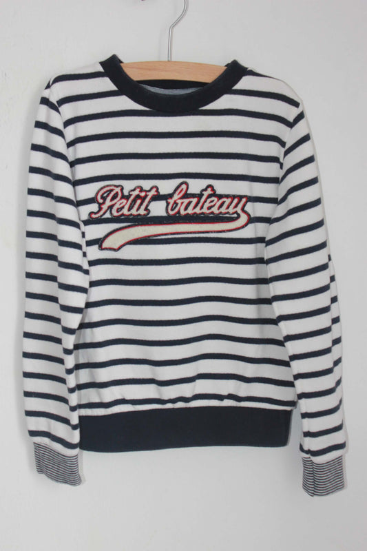 tweedehands-donkerblauw-ecru-gestreepte-unisex-petit-bateau-sweater-maat-116