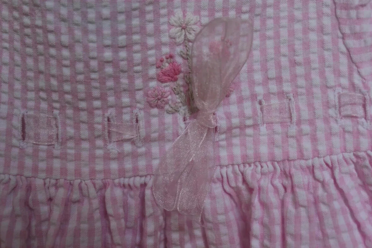 tweedehands katoenen zomerse roze met wit geruite jurk van jacadi met korte mouwen in maat 68