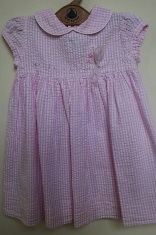 tweedehands katoenen zomerse roze met wit geruite jurk van jacadi met korte mouwen in maat 68