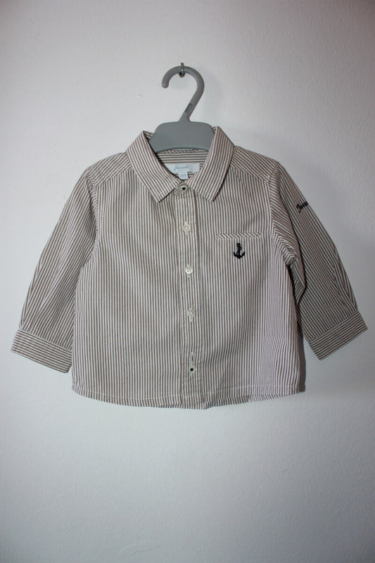 tweedehands katoenen beige met wit gestreept jacadi overhemd met lange mouwen in maat 68 voor een baby jongen