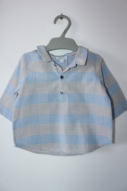 tweedehands katoenen blauw met beige en wit geruit overhemd van jacadi met lange mouwen in maat 62 voor een baby jongen
