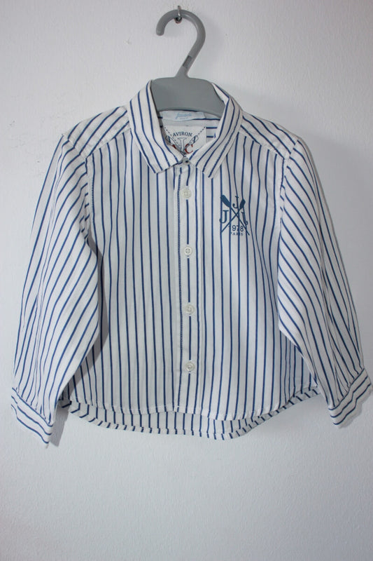 tweedehands donkerblauw en wit gestreept katoenen overhemd met lange mouwen van jacadi in maat 80 voor een baby jongen