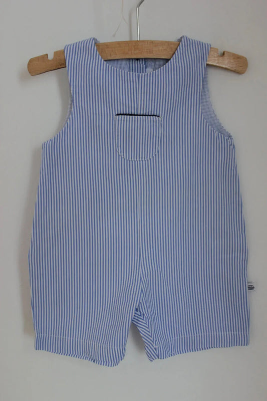 tweedehands jacadi blauw met wit gestreepte katoenen mouwloze playsuit in maat 68 voor een baby jongen