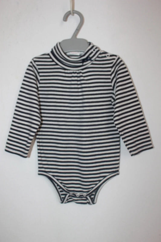 tweedehands donkerblauw met wit gestreepte katoenen jacadi romper met col en lange mouwen in maat 74 voor een baby meisje