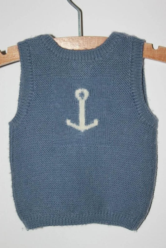 tweedehands wollen blauwe spencer met ecru anker van jacadi in maat 62 voor een baby jongen