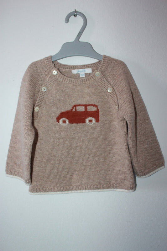 tweedehands beige jacadi trui met auto in maat 68 voor een baby jongen
